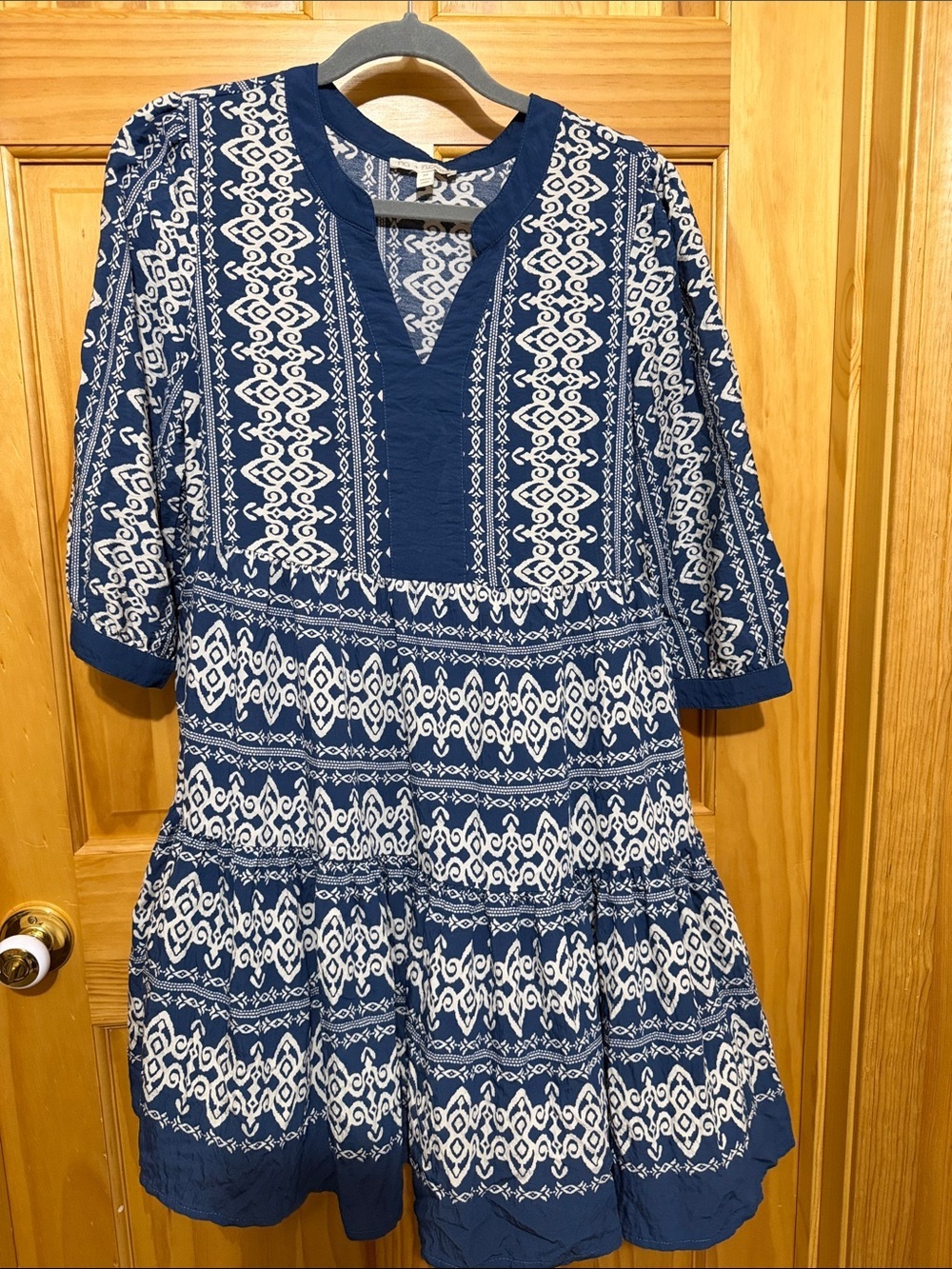 Anthropologie Fig + Flower Blue & White Printed Tiered Flowy Midi Dress.